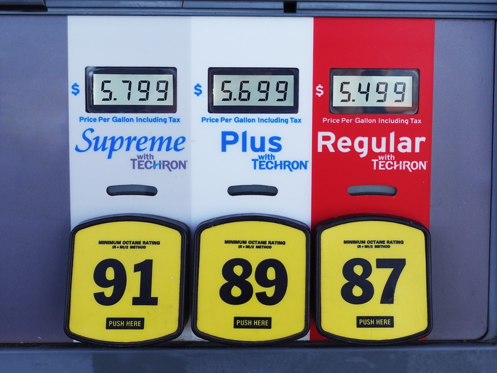 Lake Elsinore, CA, USA - March 7, 2022: Close up of high gas prices above grade selection buttons on a gas station pump.