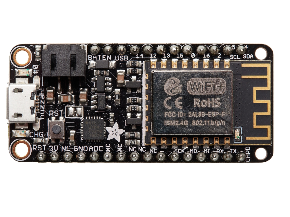 Bucharest, Romania - April 2, 2022: Adafruit Feather Huzzah ESP8266 Wi-Fi, a popular IoT development board among students and hobbyists