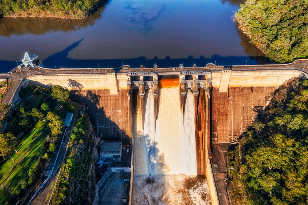 Spillover the Warragamba dam on Nepean warragamba river in Greater Sydney Blue mountains of Australia during heavy rain floods.