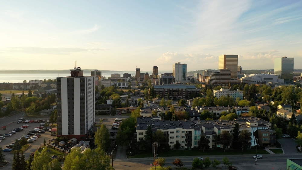 Aerial View of Anchorage, Alaska. City Skyline, cityscape, sunset, summer