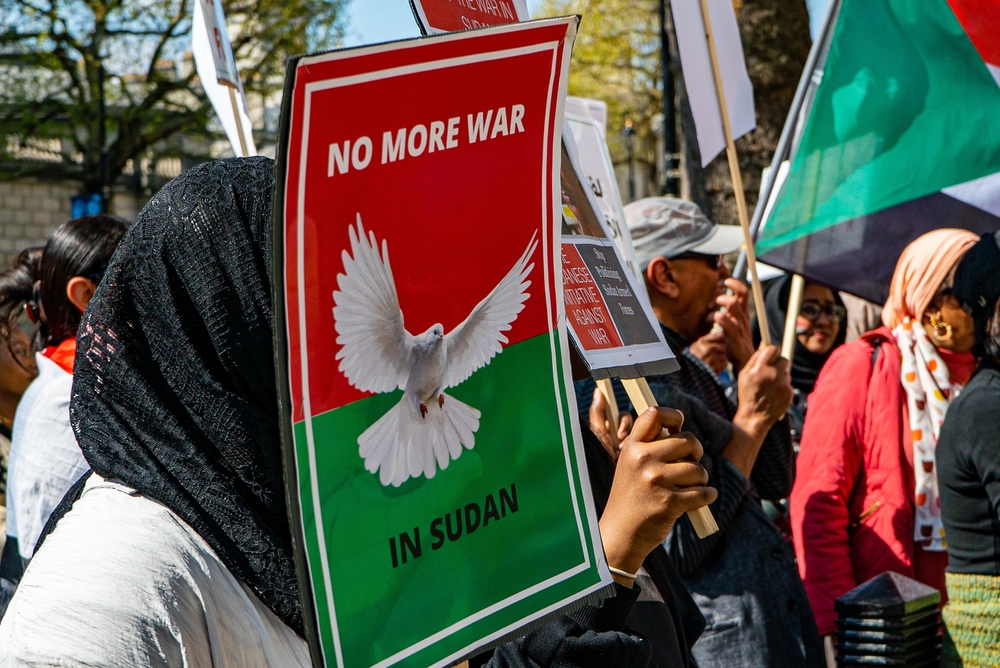 London, United Kingdom - April 29th 2023: Sudanese Protesters Outside Downing Street Protesting against the war in Sudan between the Military and the RSF.