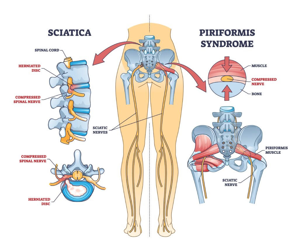 Sciatica vs piriformis medical muscle conditions comparison outline diagram. Labeled educational scheme with hip anatomy and compressed nerve or herniated disc caused acute pain vector illustration.