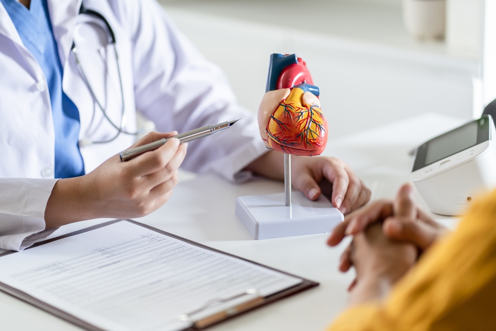 Cardiology Consultation treatment of heart disease. Doctor cardiologist while consultation showing anatomical model of human heart with aged patient talking about heart diseases