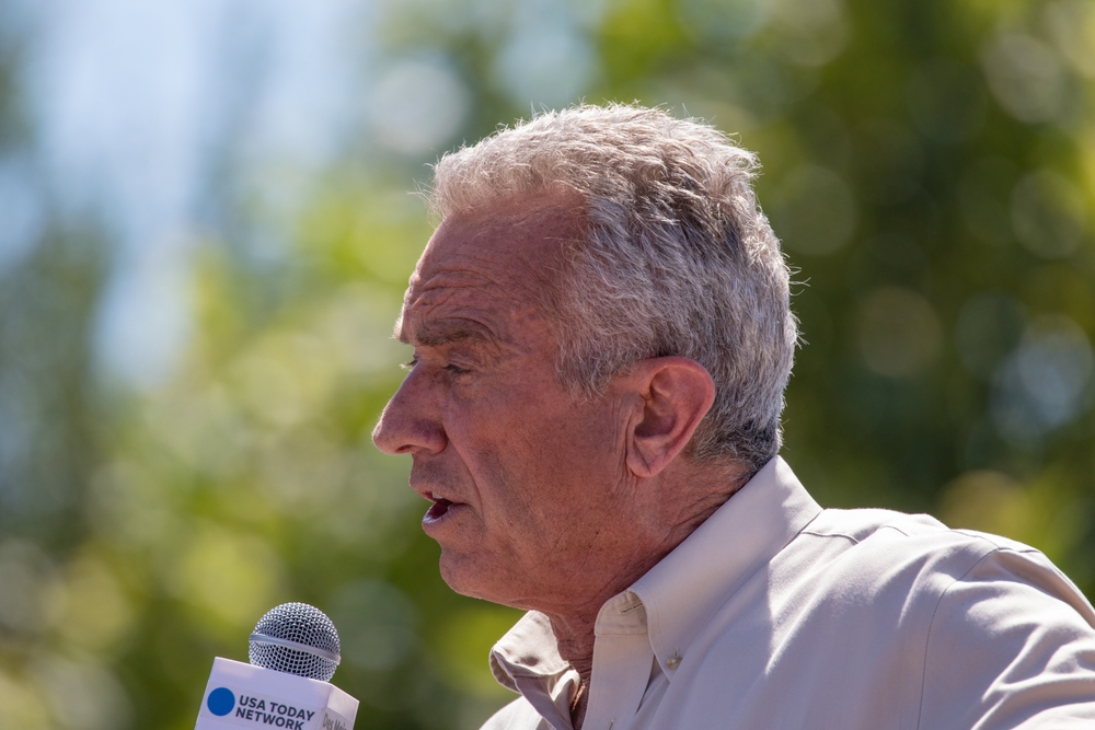Des Moines, Iowa, USA - August 12, 2023: Author and Democratic presidential candidate Robert F. Kennedy Jr. greets supporters at the Iowa State Fair political soapbox in Des Moines, Iowa.