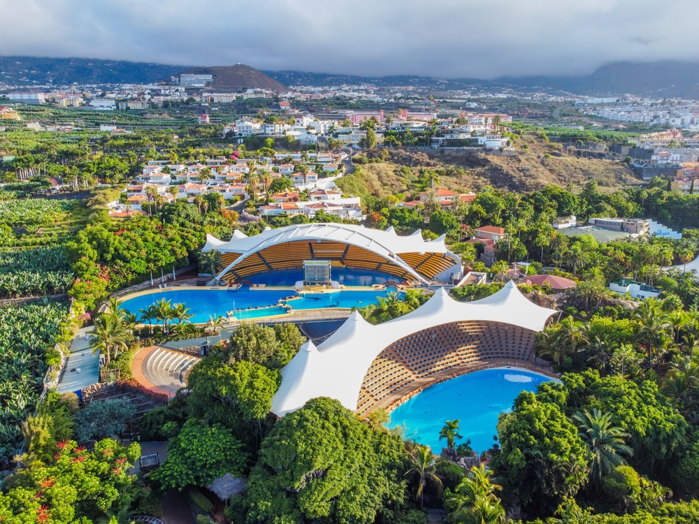 A bird's eye view. Puerto de la Cruz aerial view. Top view. View from a flying drone of Loro park