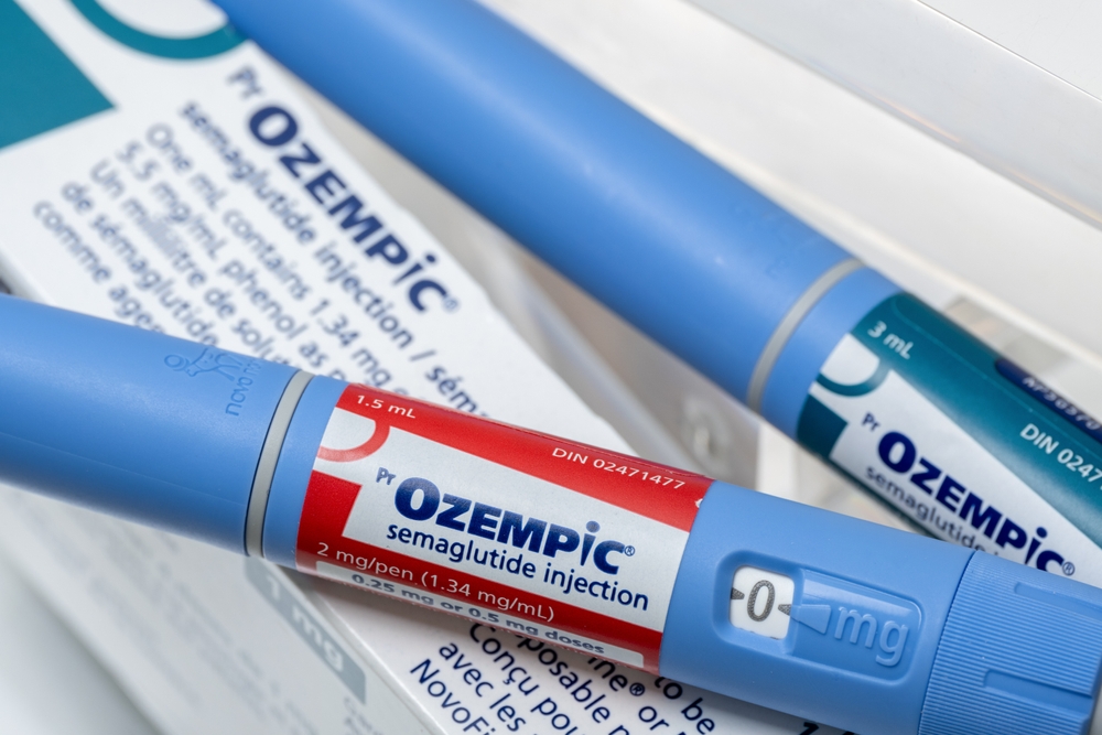 Montreal, CA - 16 November 2023: Ozempic semaglutide injection pens and box. Ozempic is a medication for obesity