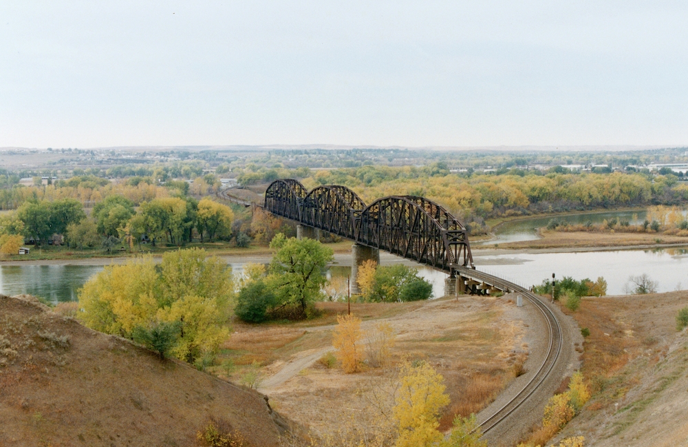 The historic Bismarck, ND railroad bridge over the Missouri River in the fall