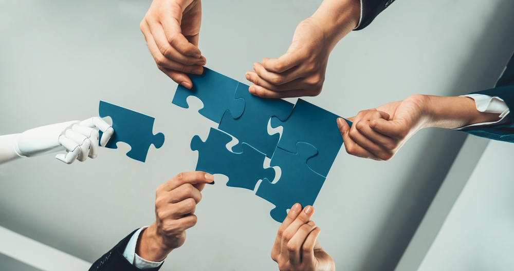 Futuristic HR recruitment with productive automation working in panoramic banner, as AI or artificial intelligence robotic workforce displace human. Robotic hand hold puzzle piece to fill gap. Shrewd