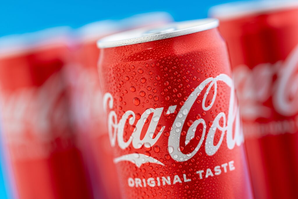 Varna, BULGARIA - FEBRUARY 13, 2024: Close up of classic Coca Cola original taste, red can with water drops