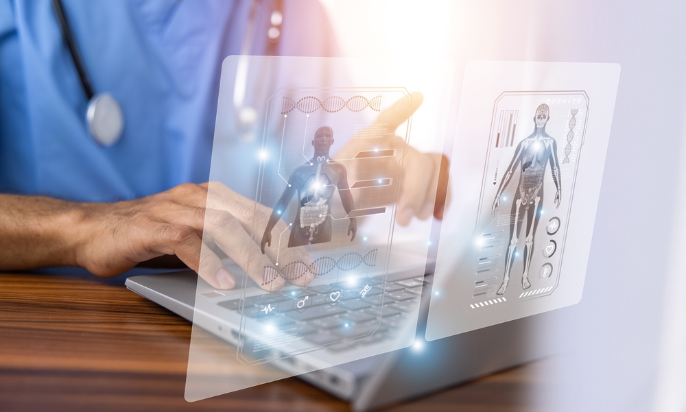 Doctors efficiently assess patient health by reviewing medical data on the computer, ensuring accurate diagnosis and treatment.