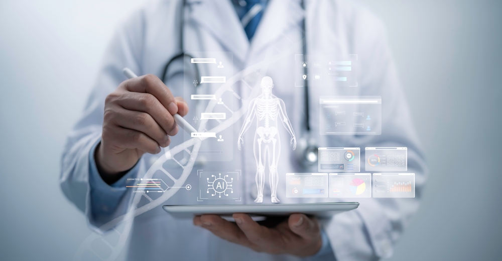 Medical worker touch virtual medical revolution and advance of technology Artificial Intelligence,AI Deep Learning for medical research,Transformation of innovation and technology for future Health