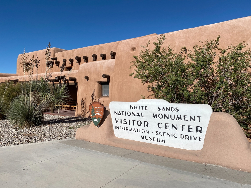 White Sands, New Mexico -May 7, 2024: White Sands National Park in New Mexico. National Park Service adobe style Visitor Center with arrowhead emblem. Information, Scenic Drive, Museum.