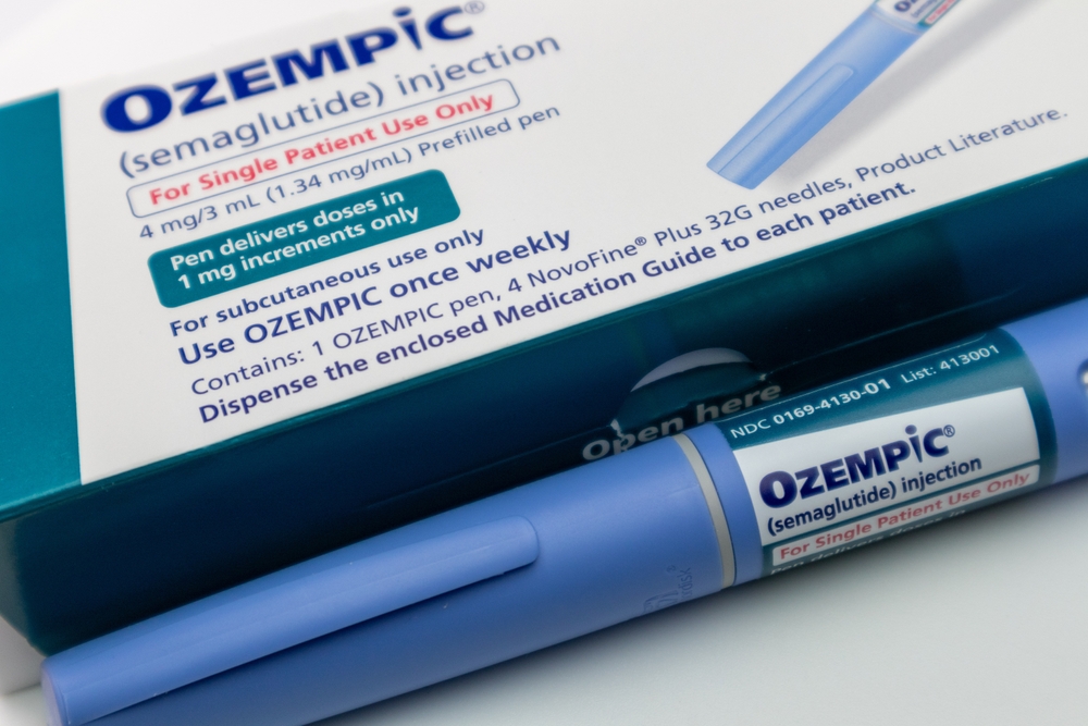 Valparaiso, IN USA December 13, 2023: Ozempic pen and box close up