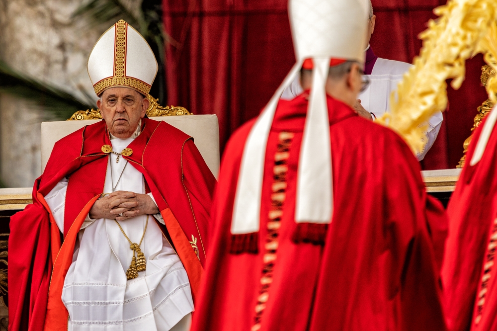 Rome Italy 24 3 2024: Pope Francis Bergoglio celebrates mass in St. Peter's Square Vatican. Palm Sunday preceding Christian Easter. Catholic church. Argentine is the first pope from America