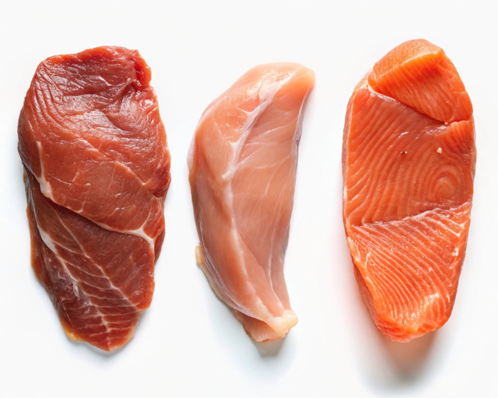 Raw beef steak, chicken breast, and salmon, isolated on white. Top view. Lean proteins