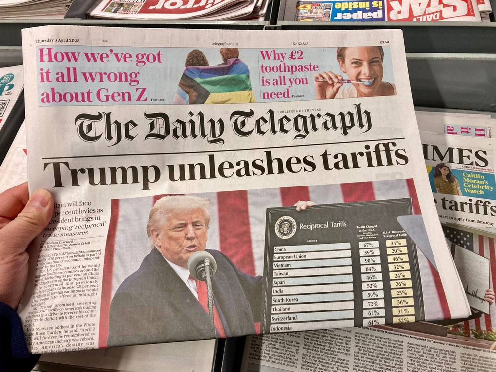 Nottinghamshire, UK 03 April 2025 : Attitudes of UK broadsheet newspaper after Trump unleashes Liberation Day Tariff announcement