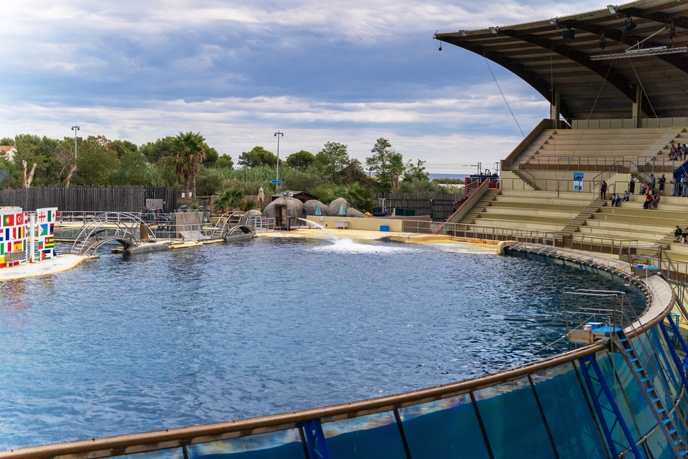 Antibes, France - 18.09.2024: Large pool for orca shows at Marineland.