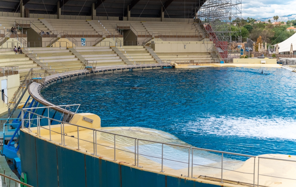 Antibes, France - 18.09.2024: Large pool for orca shows at Marineland.