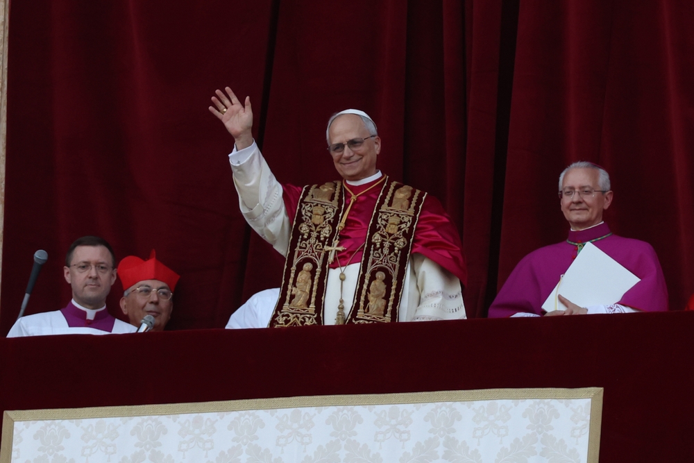 Rome, Italy 08-05-2025: The new pontiff appears on the central balcony of St. Peter's Basilica: Pope Leo XIV, American Cardinal Robert Francis Prevost, successor to Pope Francis.