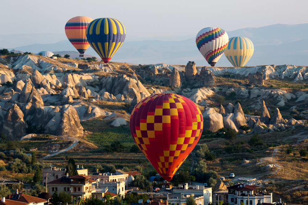 GOREME, TURKEY - AUGUST 06, 2015: Hot air balloons over Cappadocia. Cappadocia travel. Turkey tourist destination.