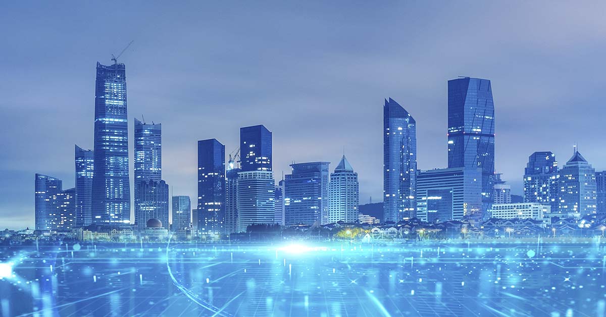 Futuristic cityscape of urban area with tall skyscrapers