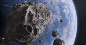 Asteroids in orbit of Earth. 3D rendering