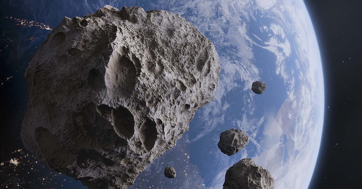 Asteroids in orbit of Earth. 3D rendering