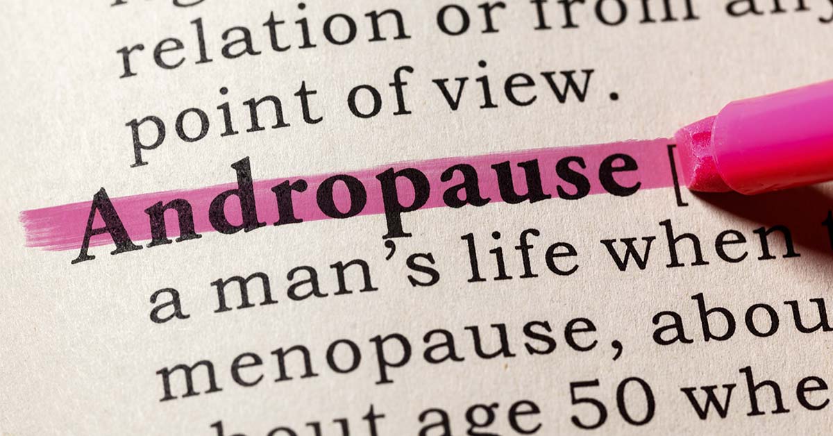 Definition of Andropause being highlighted in pink in a dictionary