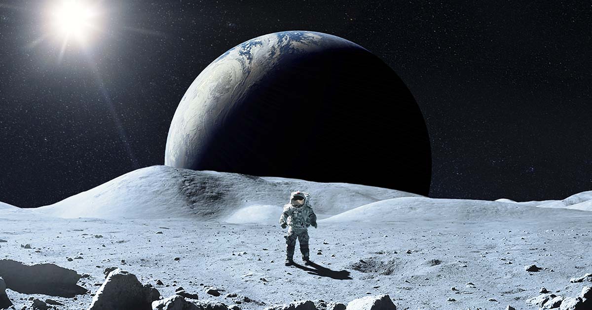 3d rendering, astronaut on the moon. Moon landing concept