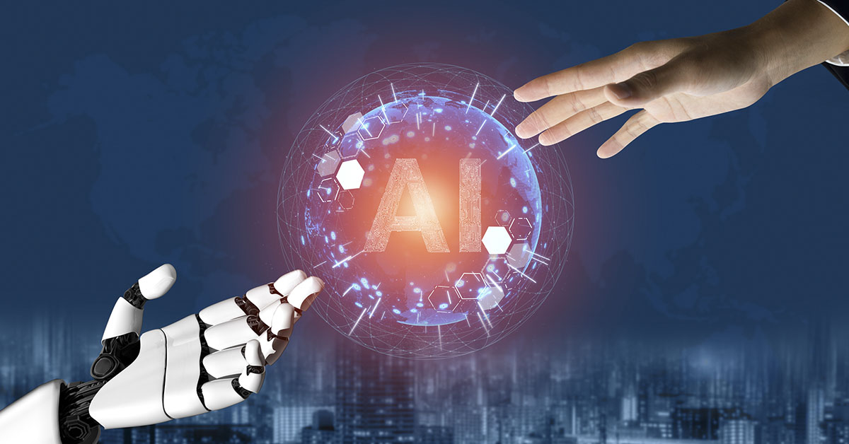 AI robotic hand reaching for a human hand