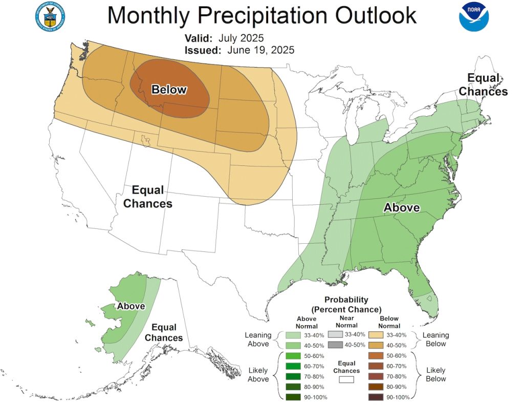 NOAA Monthly Precipitation Outlook for July 2025 showing below-normal rainfall probability across the western US and above-normal precipitation chances in the Northeast and Southeast.