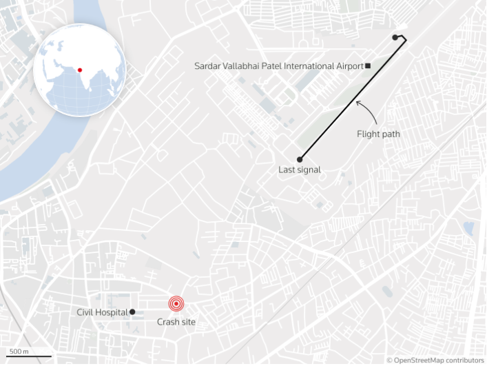 Map showing the Air India crash site near Civil Hospital and flight path from the international airport.