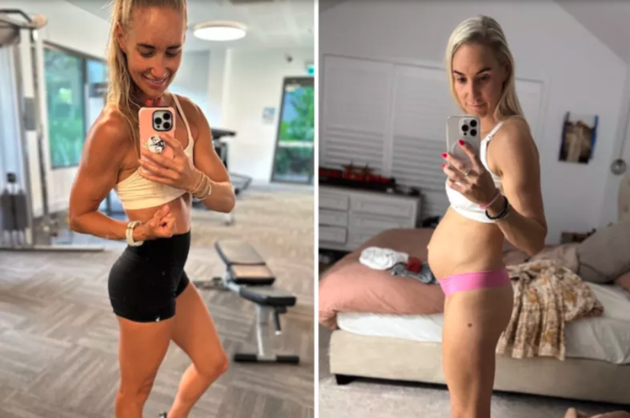 Left: Duncan showing her muscular physique while taking a mirror photo at the gym. Duncan displaying her distended abdomen due to bloating, an early symptom of her bowel cancer