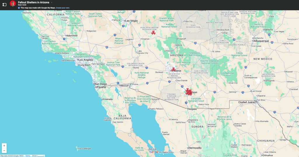 Map of Arizona showing red markers indicating fallout shelter locations across the state.