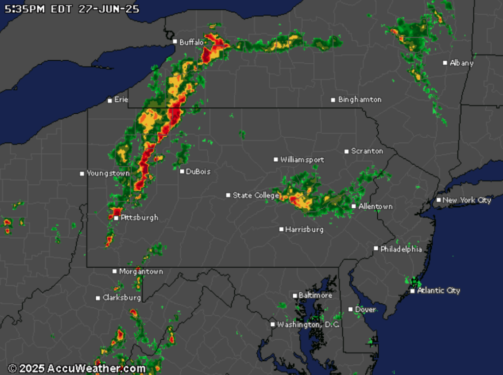 Weather radar image showing thunderstorm activity across Pennsylvania and surrounding northeastern states on June 27, 2025 at 5:35 PM EDT.