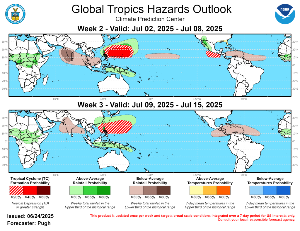 NOAA Global Tropics Hazards Outlook showing elevated tropical cyclone formation probability and above-average temperatures across multiple ocean basins for weeks 2-3 of July 2025.