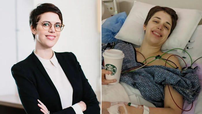 Brooks Bell, CEO and colon cancer survivor, shown in professional headshot and during cancer treatment in hospital bed.