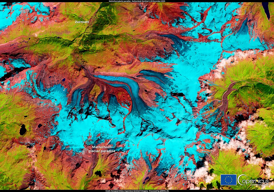 Satellite imagery of the Alps shows where glacier retreat and warming temperatures reshape the mountain landscape.