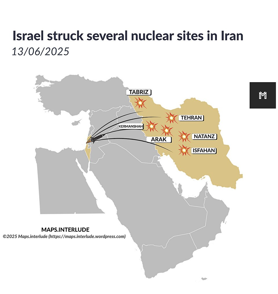 Map showing Israeli military strikes on Iranian nuclear facilities including Tabriz, Tehran, Kermanshah, Arak, Natanz, and Isfahan on June 13, 2025.