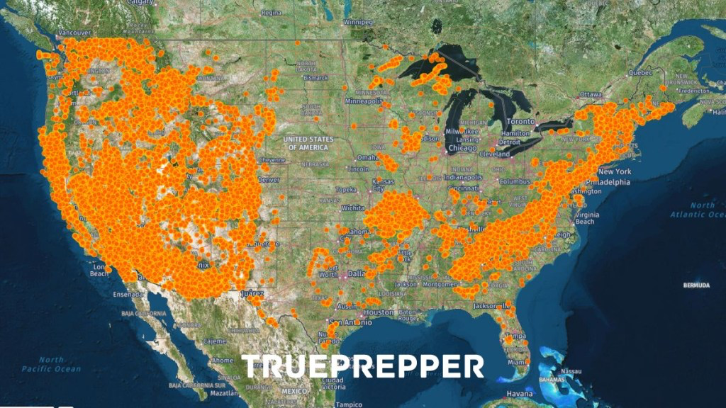 Map of United States with orange dots showing TruePrepper fallout shelter database coverage.