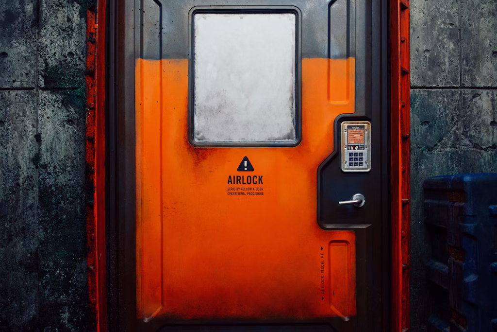 Orange airlock door with warning sign in underground shelter facility.