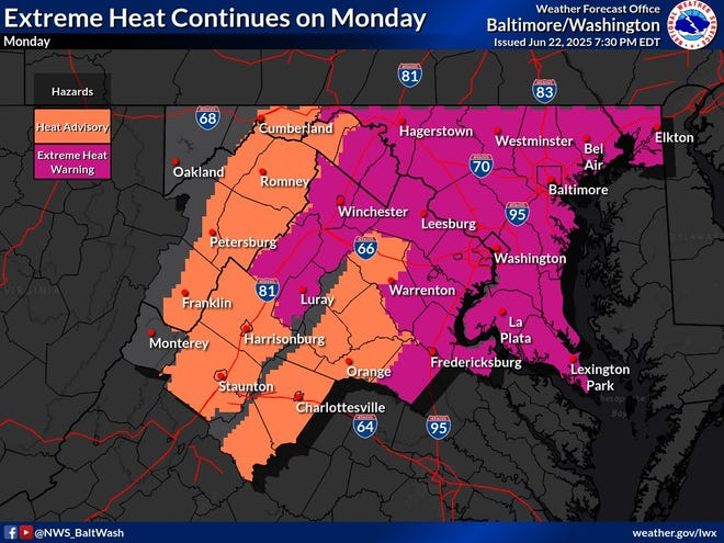 National Weather Service extreme heat warning map for Monday covering Baltimore-Washington region with heat advisory and excessive heat warning zones highlighted in orange and purple.