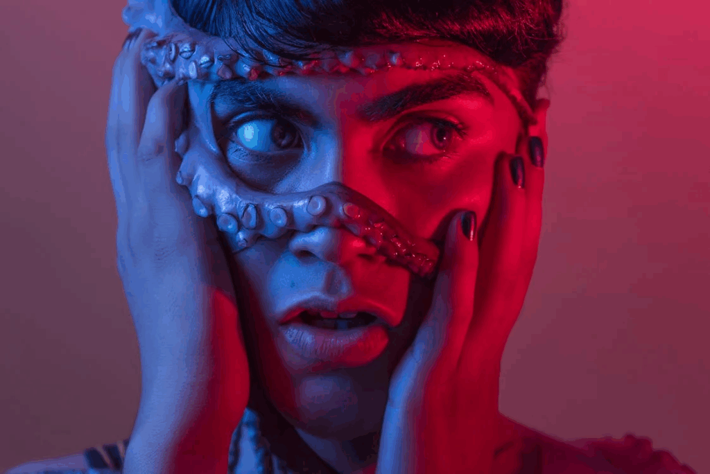 Surreal Portrait with Octopus Mask and Neon Lighting