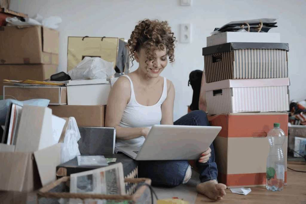 Woman smiling while working on laptop surrounded by storage boxes and various items, showing how modern consumer culture makes acquiring possessions too convenient.