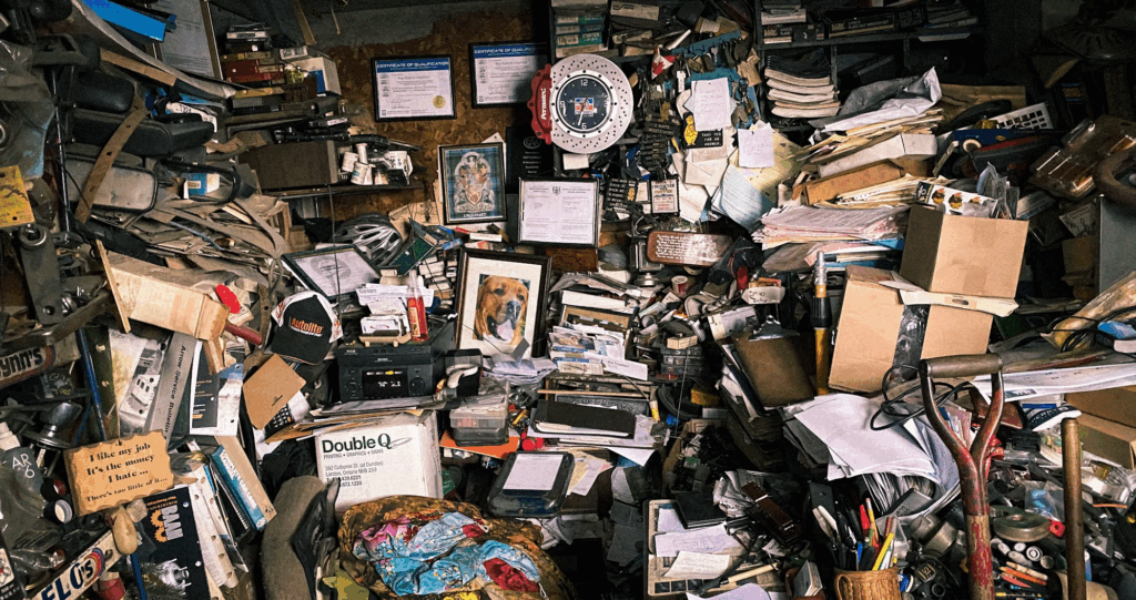 Overhead view of cluttered workspace with papers, electronics, tools, photos and various items covering every surface.