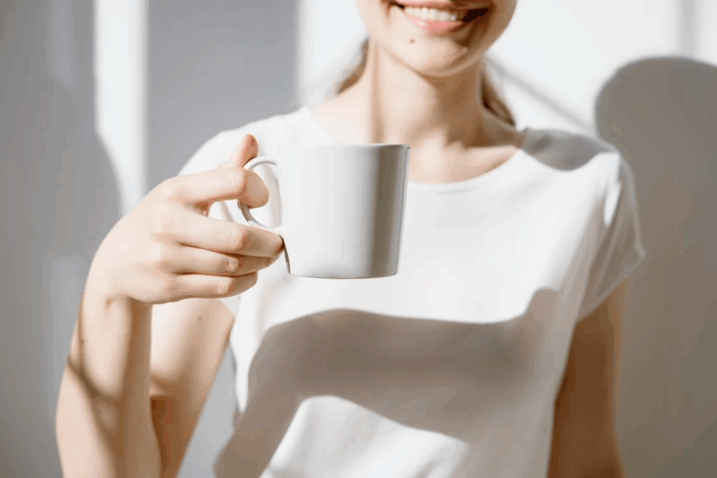 Pure joy from a woman sipping her daily health drink, this elixir is what sustainable wellness looks like.