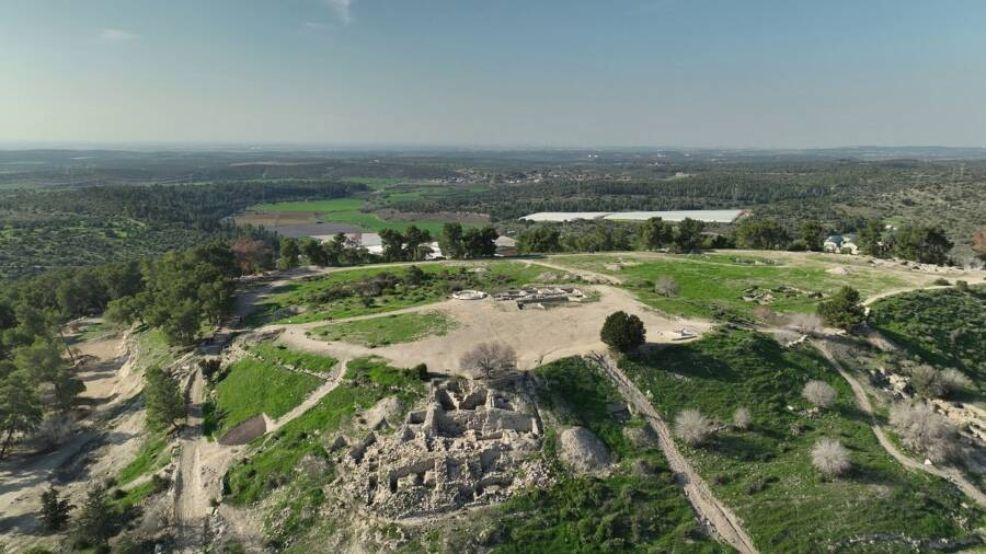 An aerial view of the Tel Azekah archaeological site where David fought Goliath.