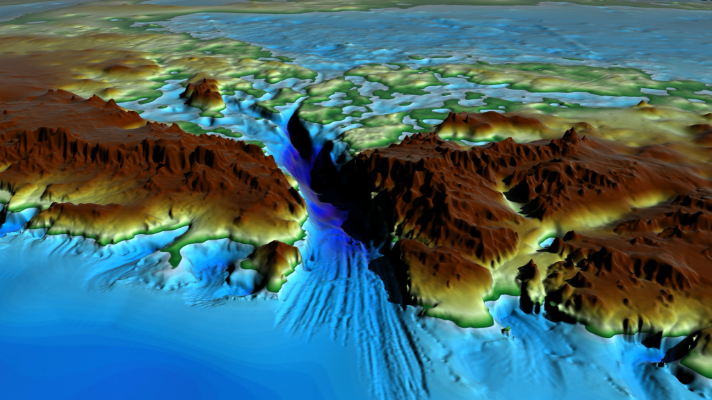 3D visualization of the buried river valley system showing deep blue channels carved between brown highland ridges beneath the ice.