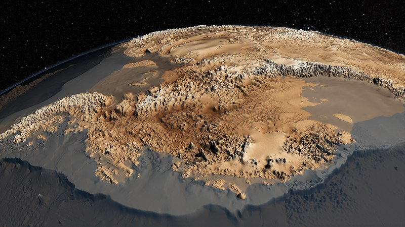 Computer-generated view of Antarctica from space showing the ancient arctic landscape with rugged mountain ranges and terrain hidden beneath the ice sheet.