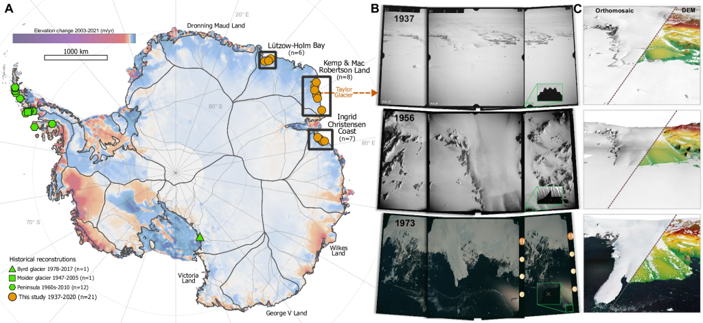 Scientific comparison chart showing prehistoric landscape changes in Antarctica's ice coverage evolution from 1937 to 1973, with maps displaying changing glacier boundaries over time.